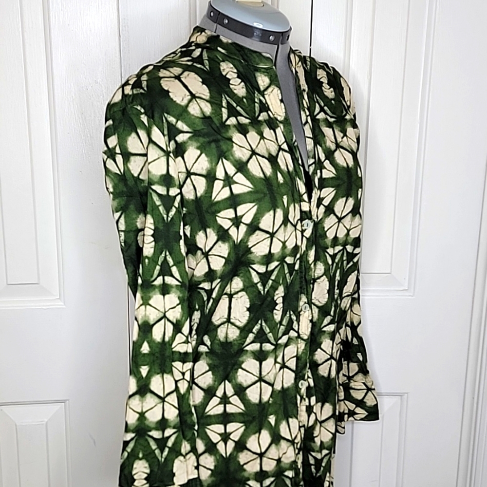 Zara Print Tunic Dress Button Front Size Medium Green and Cream - Picture 5 of 8